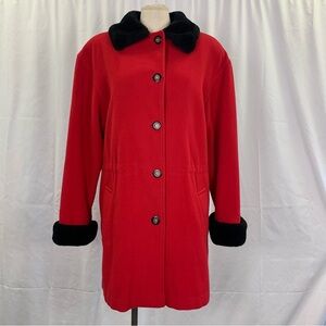 Vintage Red Wool Coat with Black Faux Fur Trim